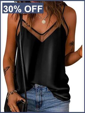Silk Satin Camisole Tank Top Mesh V Neck Sleeveless Cami for Women
